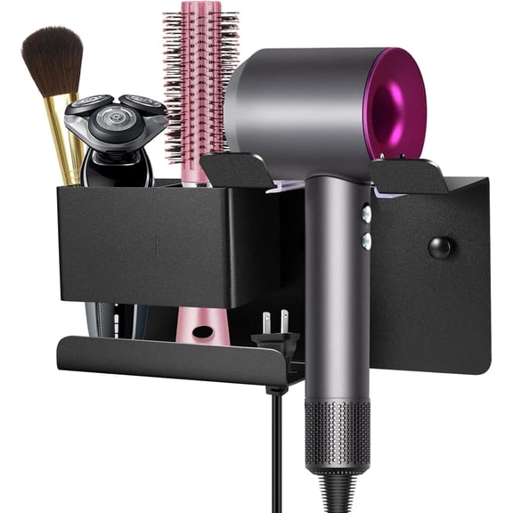 Wall-mounted hair dryer stand, bathroom hair dryer storage rack, aluminum alloy multifunctional hair dryer stand, modern black