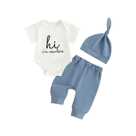 Hirigin Newborn Baby Boy Girl Clothes Outfits Hi I'm New Here Letter Embroidered Short Sleeve Romper and Pants Hat 3Pcs Coming Home Outfit