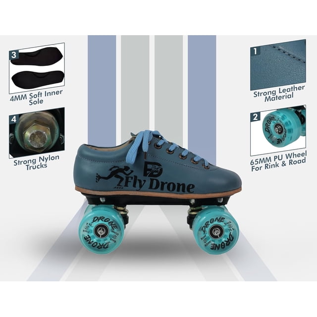Fly Drone Patins à Chaussures Quad Haute Vitesse pour Utilisateurs Professionnels et Intermédiaires avec Roulements 7mm 2rs et Roues Pu 65mm pour Tous les Groupes d'Âge Garçons & Filles (Bleu-8 Uk (Longueur du Pied 28 Cms))