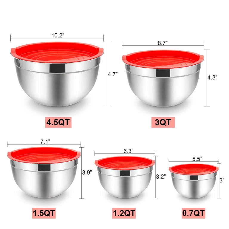 Herogo 5-Piece Stainless Steel Mixing Bowl Set With Colored Lids - Nesting Bowls 0.7QT To 4.5QT