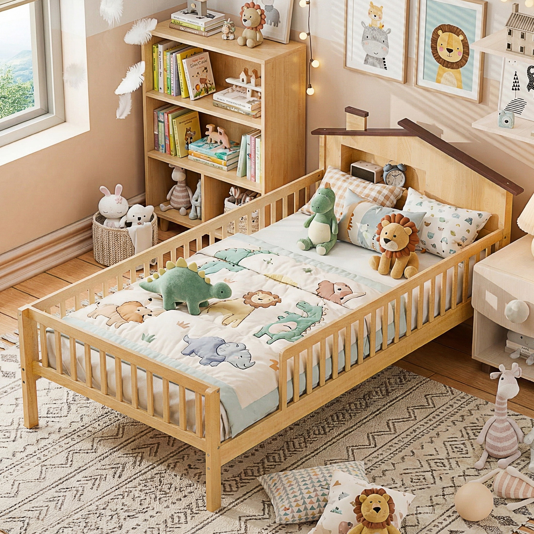 edx Twin Bed Frame with Rails & Storage, Solid Wood Platform Bed with Safety Guardrails & House Headboard, Slat Support, No Box Spring Needed, Natural
