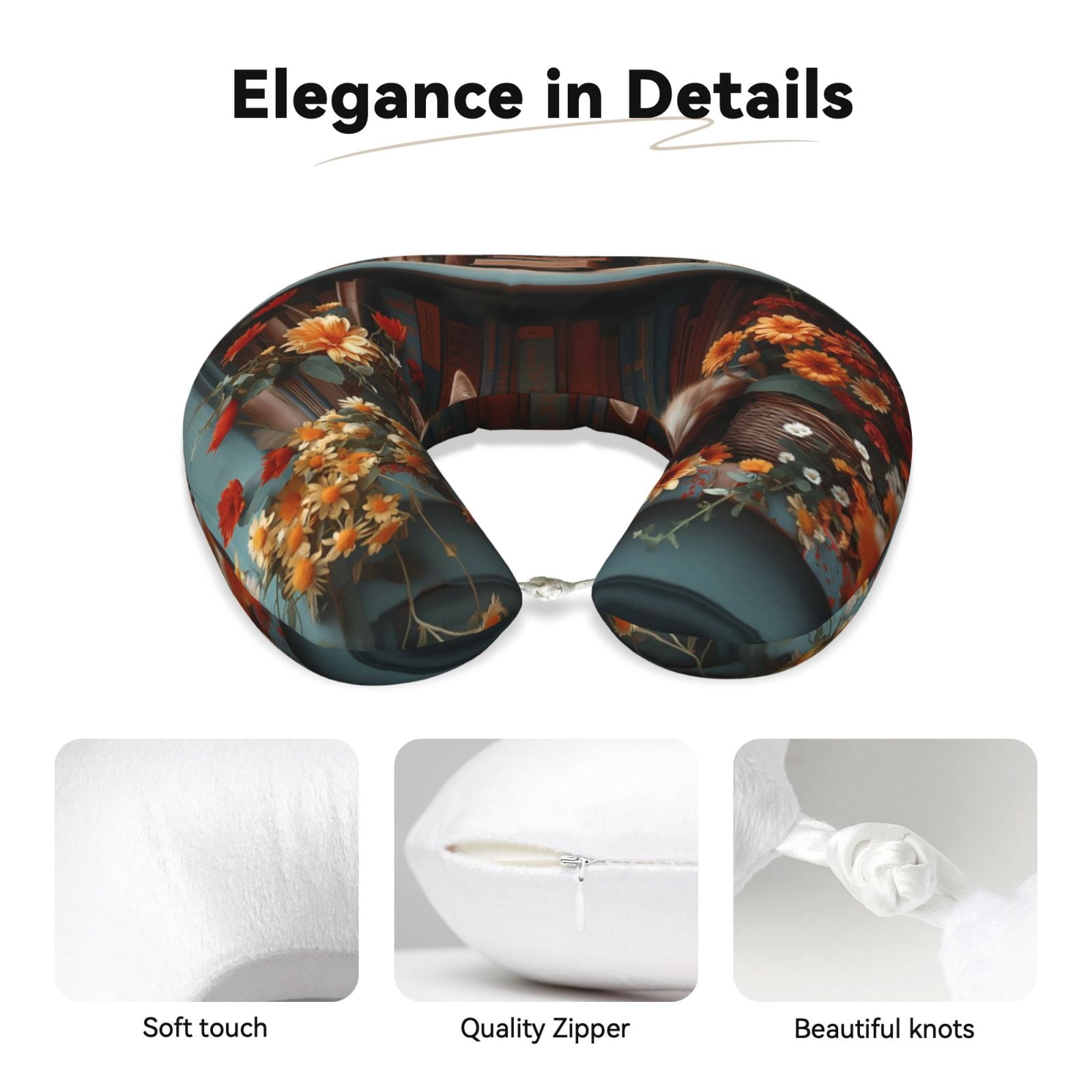 Xecao Cat Asleep Among Flowers Print Memory Foam Cervical Neck Pillow Versatile U-Shaped Pillows for Home,Office,Camping,Travelling,Soft Washable Cover