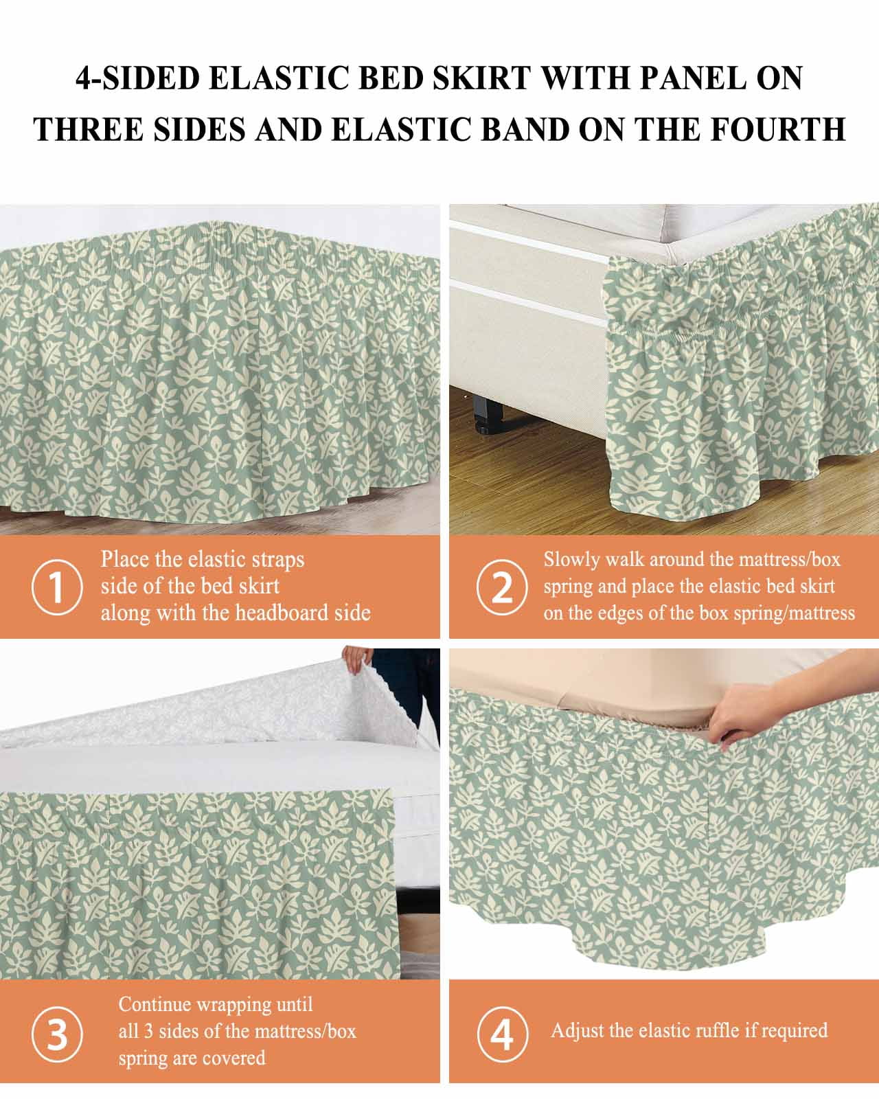 Simple Daisy Silhouette Bed Skirt King Size 16 Inch Drop, Retro Flower Green Patterns Adjustable Elastic Dust Ruffles Bedskirt for King Bed Wrap Around Pleated Mattress Frame Cover