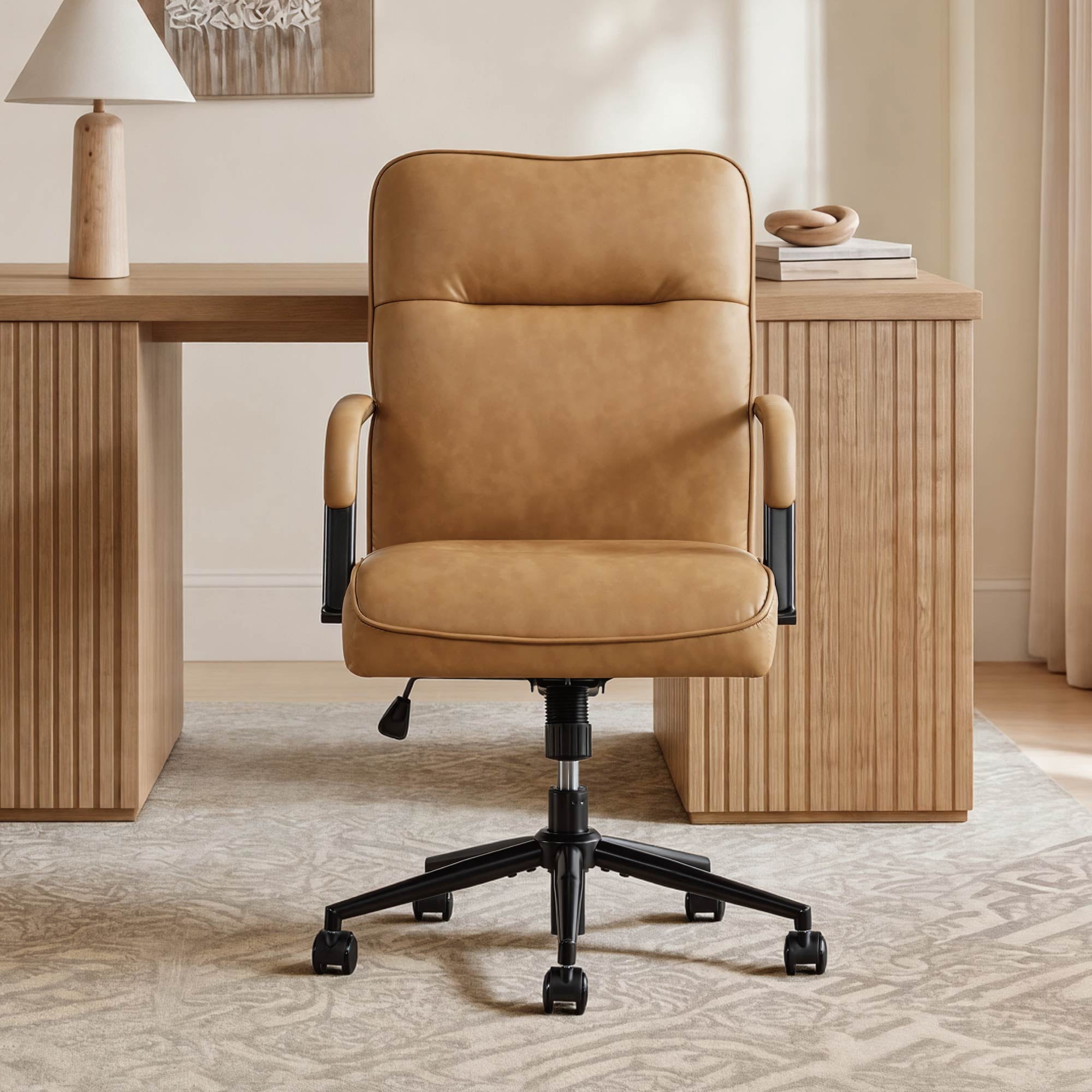 Spruce & Spring Upholstered Swivel Office Chair with Ergonomic High Back, Metal Frame & Upholstered Arms, Saddle Brown Faux Leather