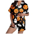 thumbnail image 3 of FASHOFT Women's Silk Satin Halloween Pajamas Set Funny Ghost Pumpkin Printing Short Sleeve Sleepwear Button Down Pjs Loungewear Black XL, 3 of 8