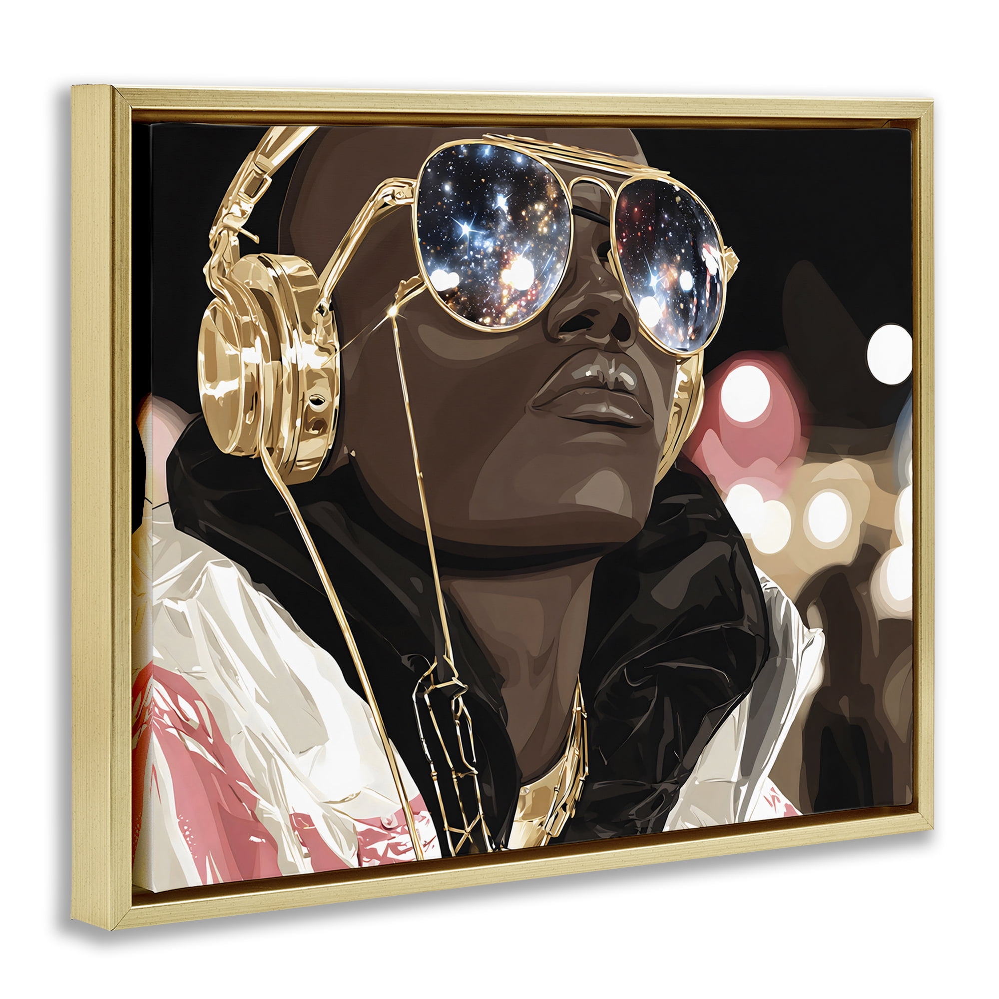 Stupell Industries Starry Eyed Shades with Headphones Gold Framed Floater Canvas Wall Art, design by Franklyn Gregory