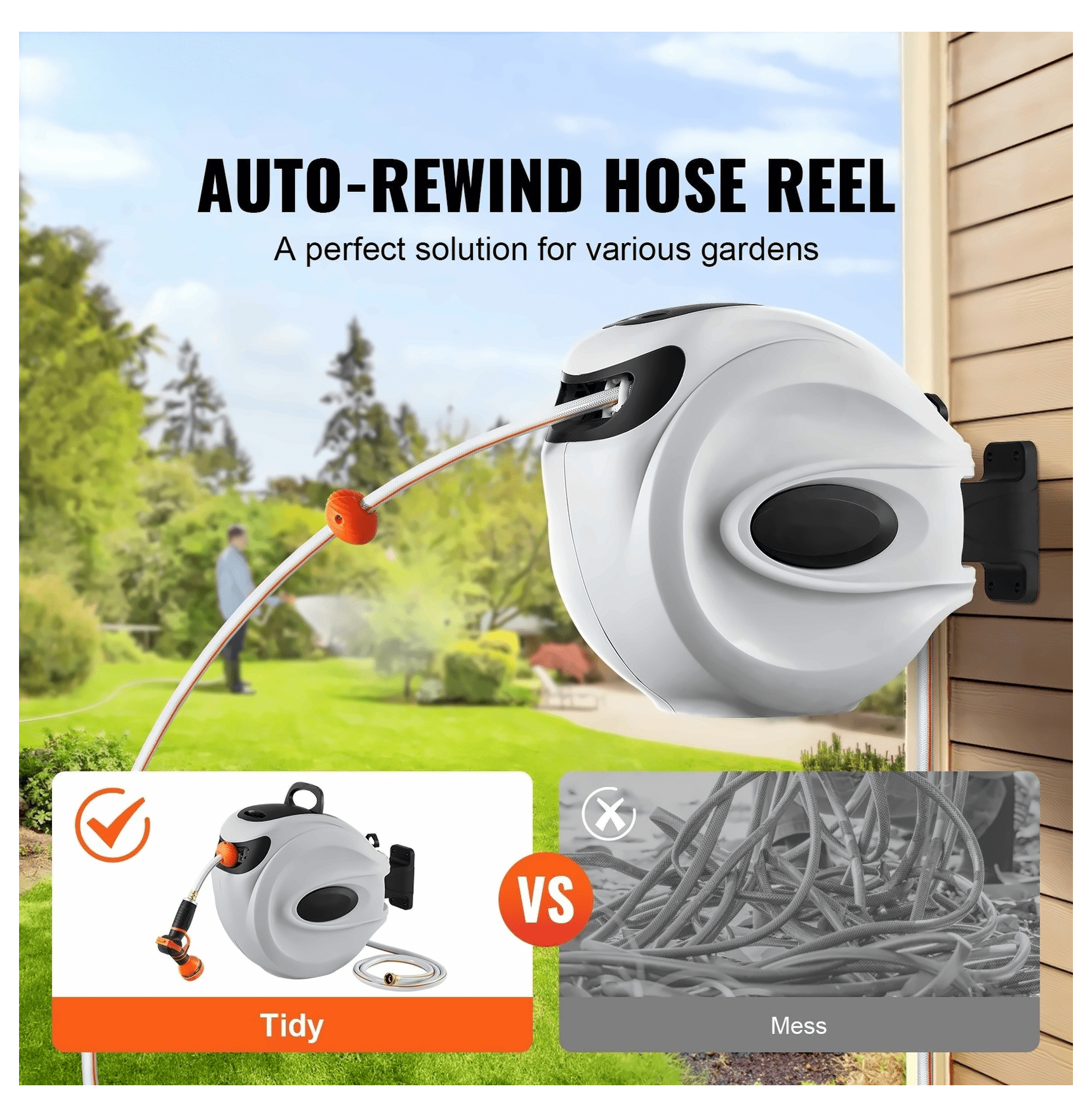 Hose Reel Retractable 65ft Water Hose Reel Wall Mounted 180° Swivel Heavy Duty Garden Hose Reel Kit for Yard Lawn Irrigation Outdoor Use