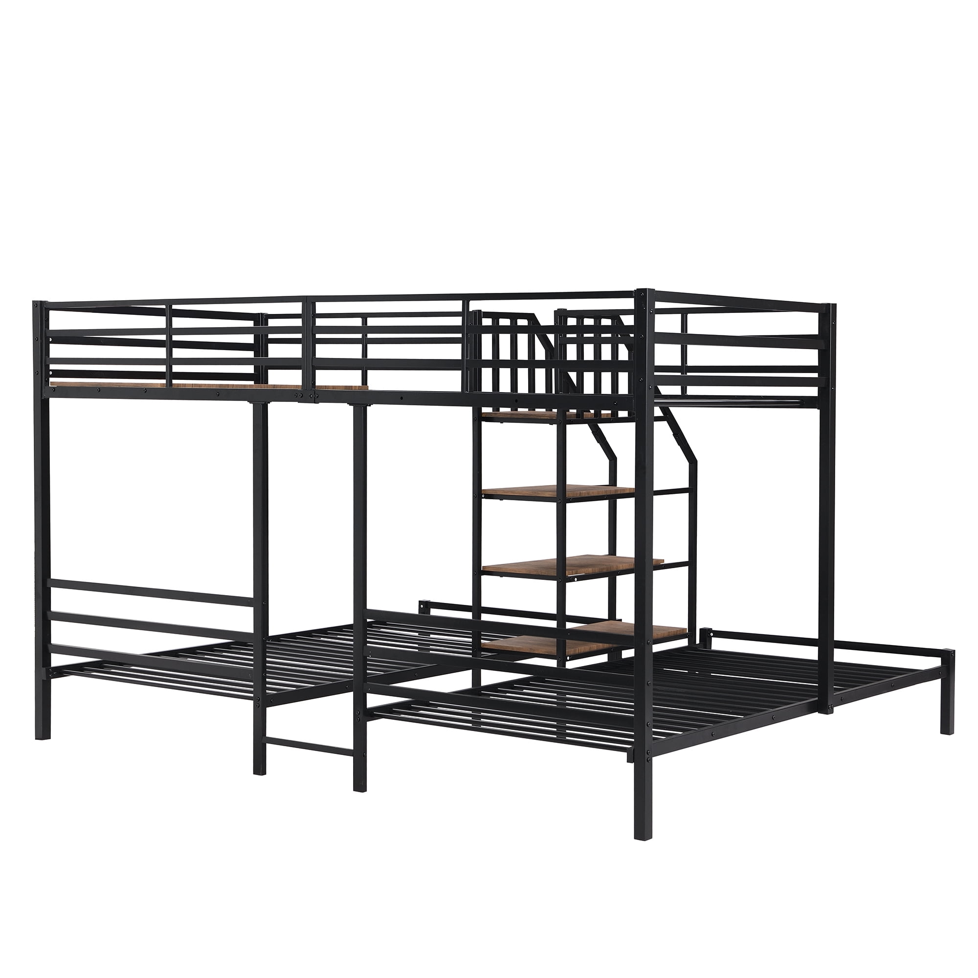 Twin over Twin & Twin Metal Bunk Bed,Triple Bunk Bed 3 Beds Bunk Bed with Storage Shelves Staircase,Black