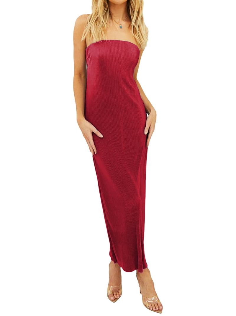 Women's Y2k Tube Tops Dress Solid Color Strapless Off-Shoulder Bodycon Long  Dress Backless Tie-up Party Club Bandeau Dresses - Walmart.com