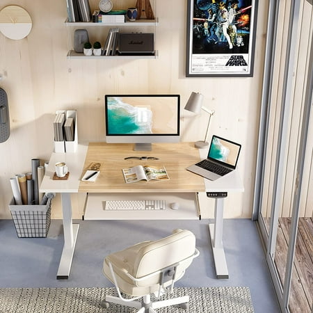 Dual Motor Height Adjustable Electric Standing Desk 48 X 24 Inch Full Sit Stand Home Office Table With Splice Board White Frame And Natural Top Canada Dual Motor Height Adjustable Electric, Home Office Setup With Standing Desk Philippines