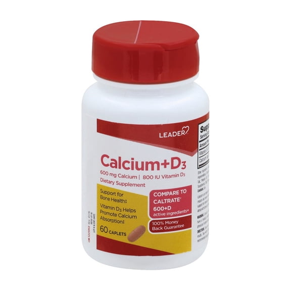 Leader Calcium 600mg Plus Vitamin D3 Caplets, 60 Ea