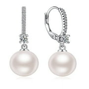 GROUPNINEET Pearl Earrings 18k White Gold Plated 925 Sterling Silver Pearl Earrings Hypoallergenic Pearl Drop Earrings with Cubic Zirconia Pearl Earrings Size 8mm Fine Jewelry for Women Ladies