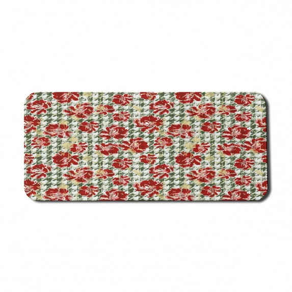 Floral Computer Mouse Pad, Vintage Classic with Scottish Houndstooth Vivid Rose Florets Feminine Pattern, Rectangle Non-Slip Rubber Mousepad X-Large, 35" x 15", Hunter Green Ruby, by Ambesonne
