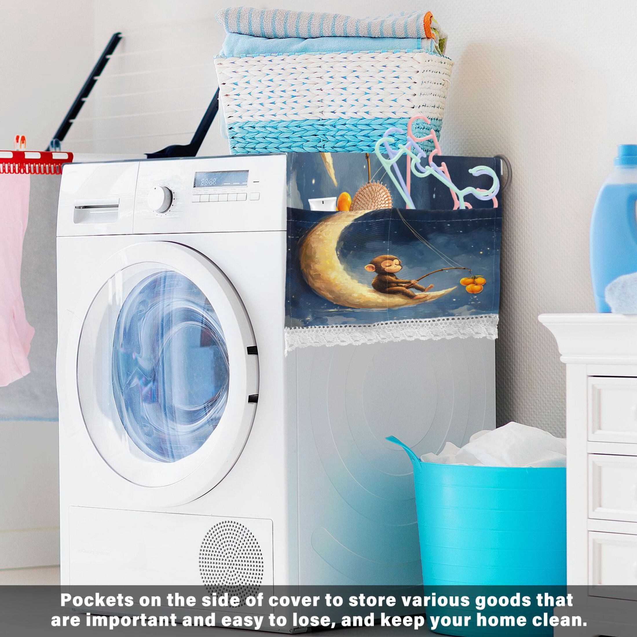 Cute MonkeyWasher and Dryer Covers Dust-Proof and Oil Resistant Fridge Cover with 4 Storage Pockets Washing Machine Top Cover for Laundry Kitchen Home 51.2 x 22 In