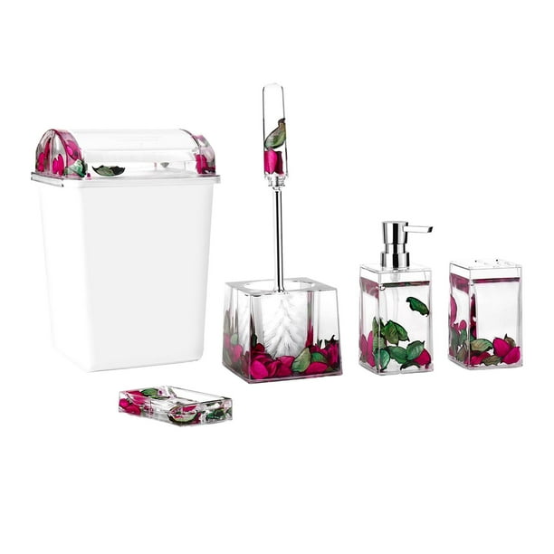 Juego de Accesorios de Baño, 5 Piezas, Bote de Basura, Jabonera, Diseño 3D, Dispensador de Jabón, Juego de Habitación, Juego Esencial de Baño, Rosa Sunnimix Productos de baño