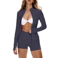 thumbnail image 2 of Womens Workout Sets 2 Piece Outfits Long Sleeve Zip Up Sweatshirt Jacket High Waist Biker Shorts Set Tracksuits, 2 of 7