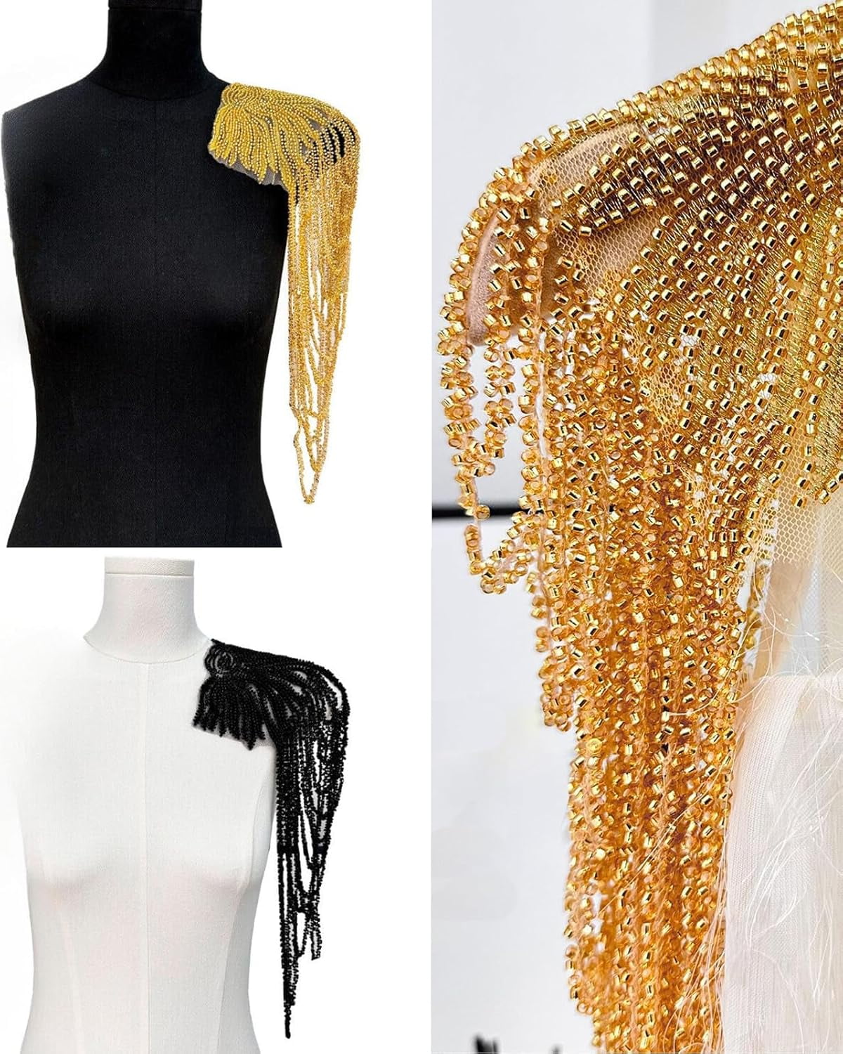 ABPETE 1 Pair Handmade Rhinestone Applique for Clothes, Sparkle Crystal Sewing Patches for Wedding Dress, Glass Beads Fringe Epaulettes for Shoulder Bodice Jacket Party Embellishment (Gold)