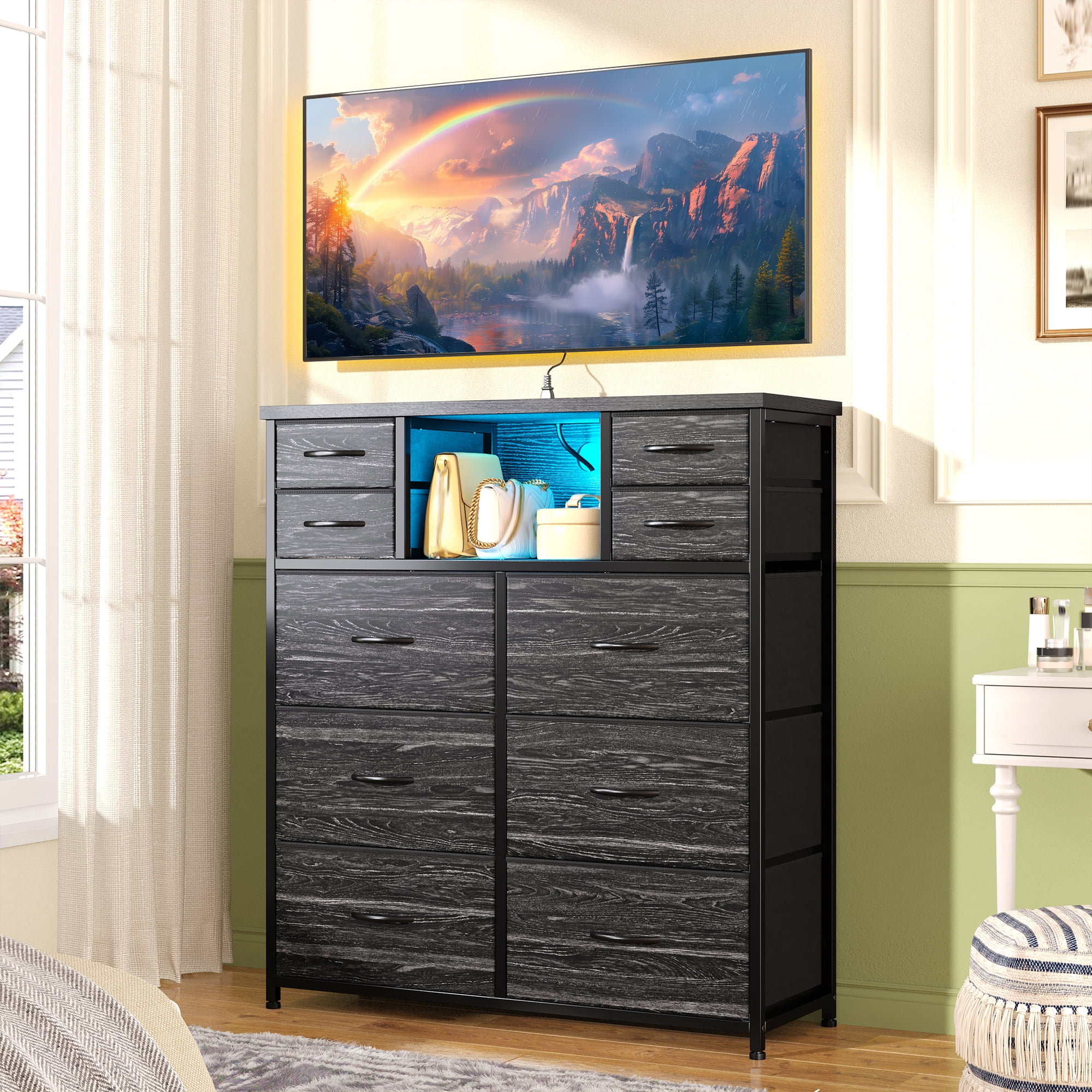 Enhomee Black Dresser for Bedroom with LED Lights & Charging Station Tall Chest of 10 Fabric Drawers with Storage Shelves
