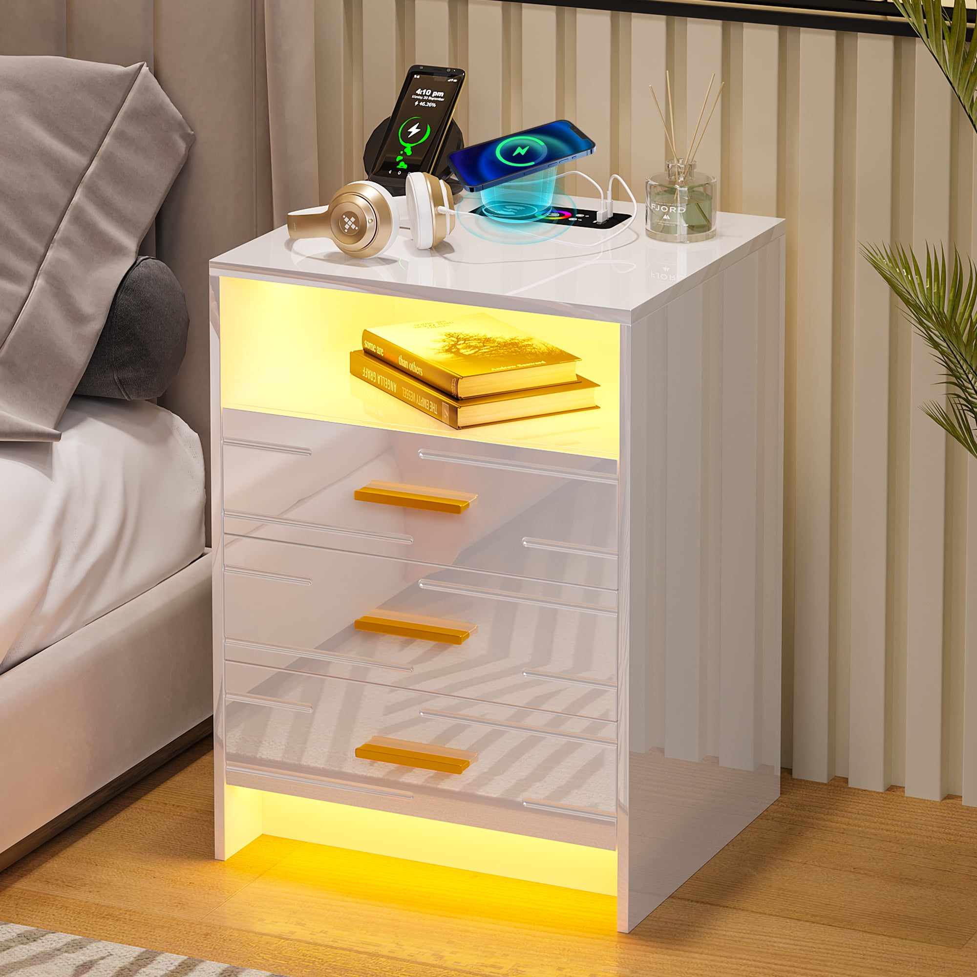  Smart Nightstand with Drawer and Safe, LED Bedside Tables with  Charging Station Night Stand Modern Night Table for Bedroom, Office (Color  : Orange, Size : 13.8x15.7x19.7in) : Home & Kitchen