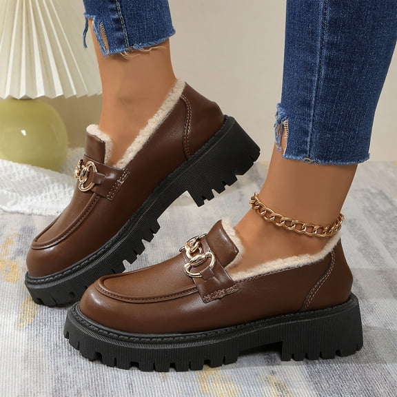 Willtoo Women’s Loafers, Platform Slip‑on Comfortatle Shoes Metal Chain Decor Warm Lined Winter Shoes, Chunky Lug Sole Casual Dress Footwear