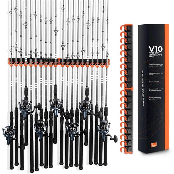 V10 Pivot Grip Fishing Rod Holder–Adjustable, Wall-Mounted, Polymer-Coated Steel Hooks, Expandable Storage System, Holds Rod & Reel Combos