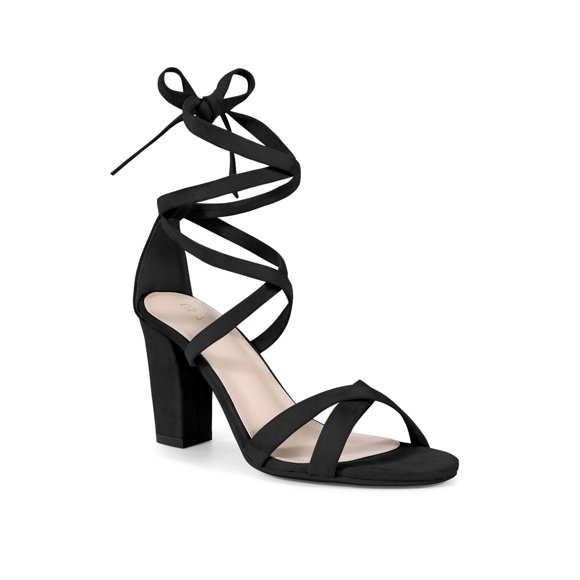 BLISSFUL STEP Lace Up Strappy Block Heel Sandals for Women - Perfect for Any Occasion Black 9