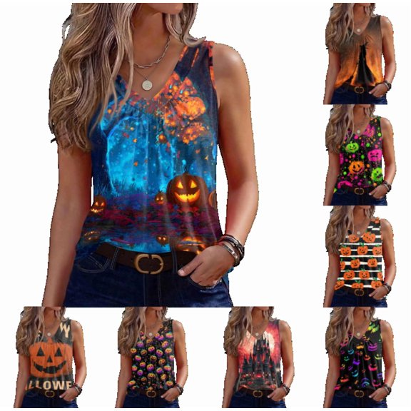 OIOLOYJM Halloween Tank Tops for Women Happy Pumpkin Graphic Party Sleeveless V-Neck Tops Dress Novelty Classic Fit Lounge Pleated Clothes Blue L