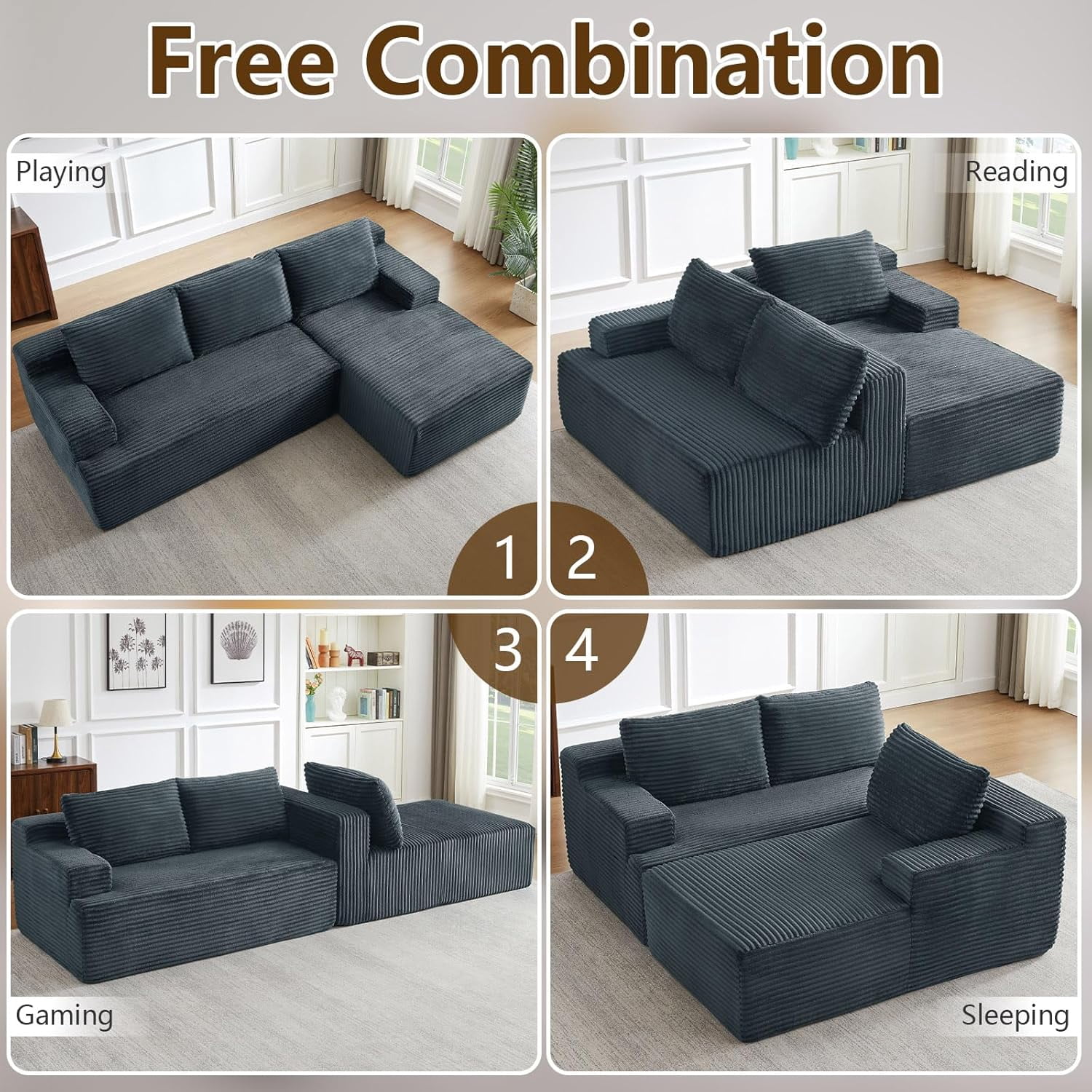 96" Boneless Cloud Couch with Chaise, Modular Sectional Sofa for Living Room, No Assembly Required, Deep Seat Corduroy Couch, Dray Gray
