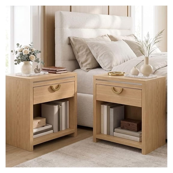 25" Tall Nightstands Set of 2, Natural Oak Wooden Nightstand with Drawers & Storage Open Shelf, Modern Bedside Table with Handle, Century End Table for Bedroom (Natural Oak)