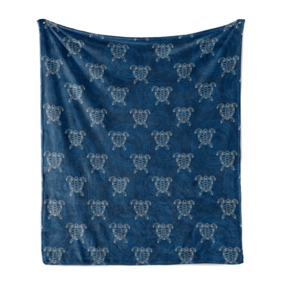 Tribal Soft Flannel Fleece Throw Blanket, Australian Aboriginal Underwater Folk Motif with Sea Turtles on Circles, Cozy Plush for Indoor and Outdoor Use, 50" x 70", Night Blue and White, by Ambesonne