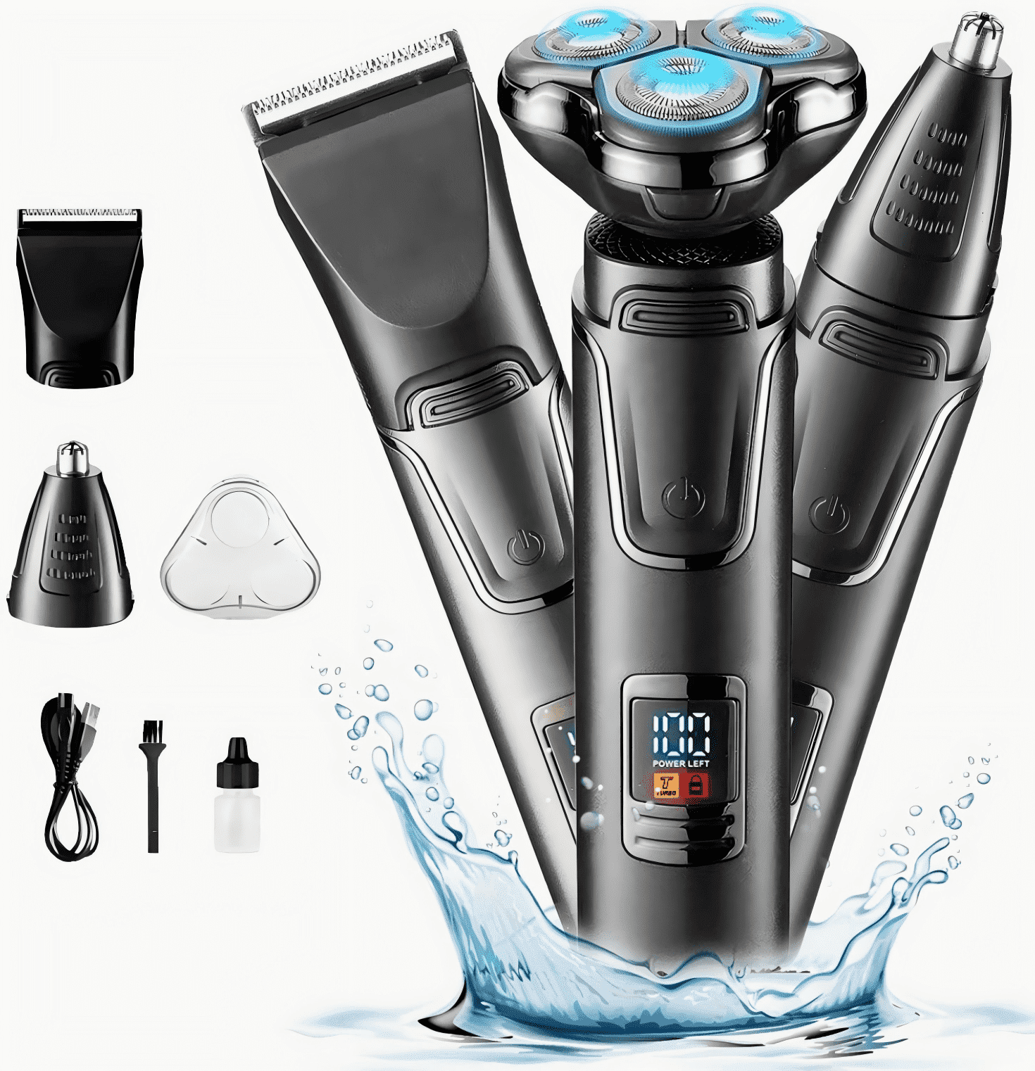 OCTMOM Electric Shavers for Men, 3-in-1 Cordless Beard Trimmer, Nose Hair Razor, Waterproof  for Wet Dry Use, Black