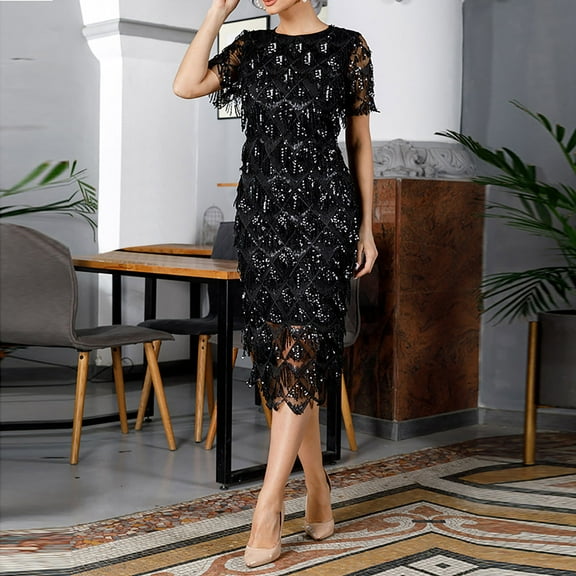 safuny Women's Tea Length Lace Evening Dress Solid Sequin Shiny Crew Neck Holiday Short Sleeve Autumn Dresses Winter Elegant Tassel Cocktail Party Trendy Black S