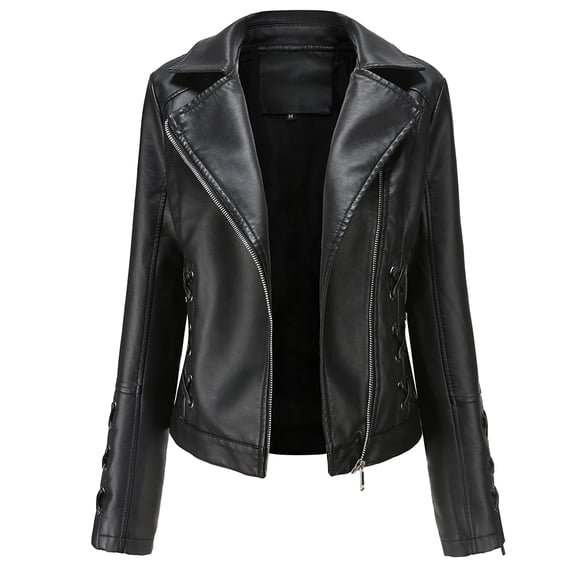 AZoiNM Women's Faux Leather Motorcycle Jacket, Lace-Up Side Zip Biker Coat, Cropped PU Leather Moto Jacket with Lapel, Long Sleeve Fall Outerwear
