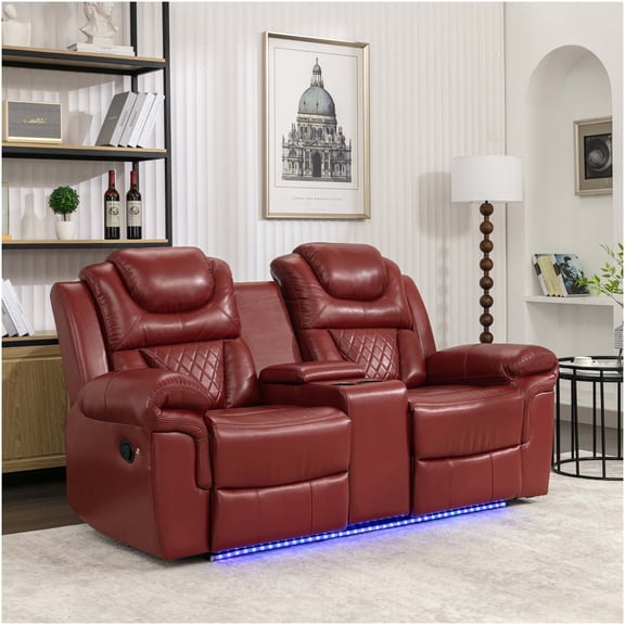 Wine Red Faux Leather Loveseat Recliner with Hidden Storage, Cup Holders, and LED Lights for Home Theater