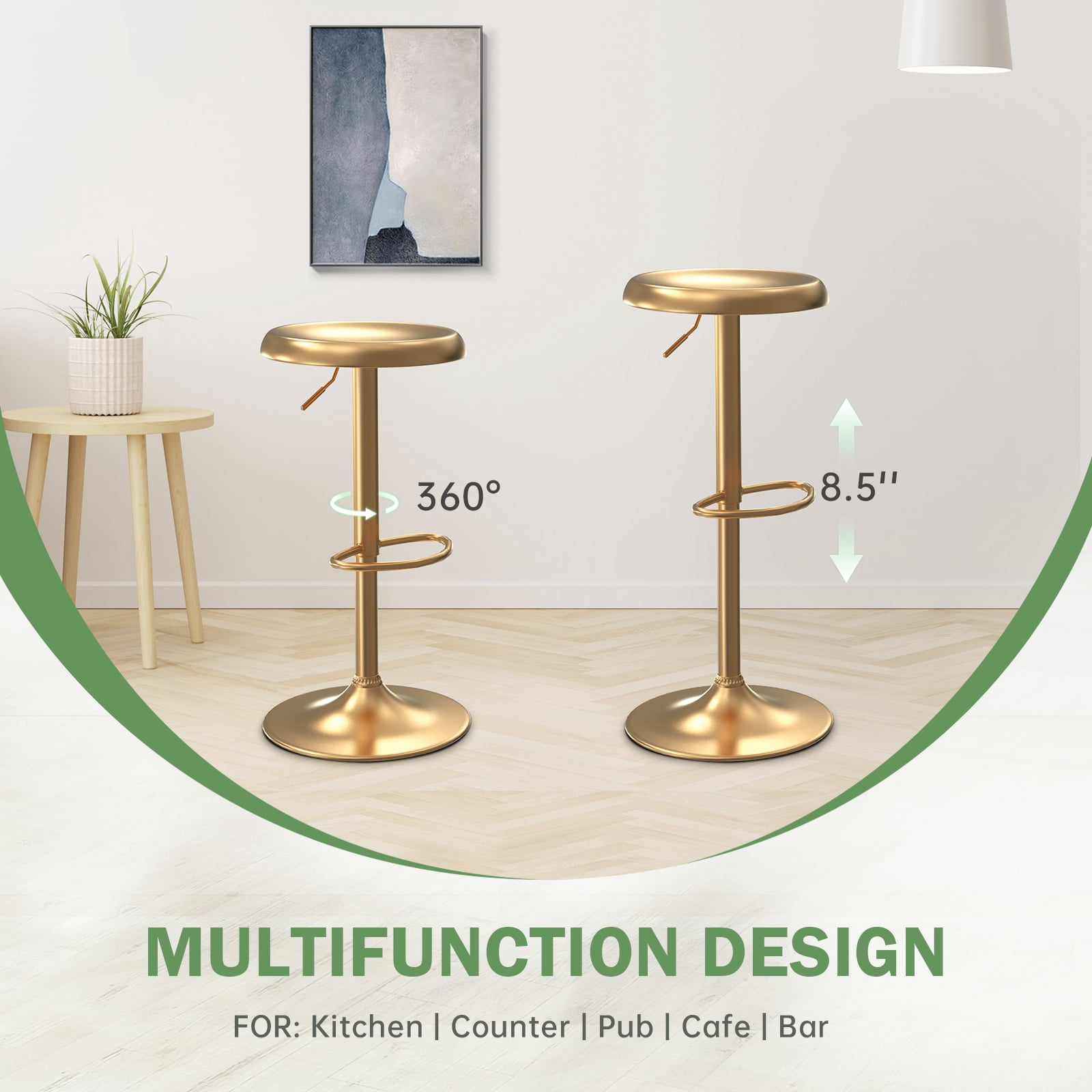 Metal Bar Stools Set of 2, Counter Height Adjustable Barstools, Backless 360° Swivel Kitchen Stools for Island, Dining, Bistro, Pub (Gold）