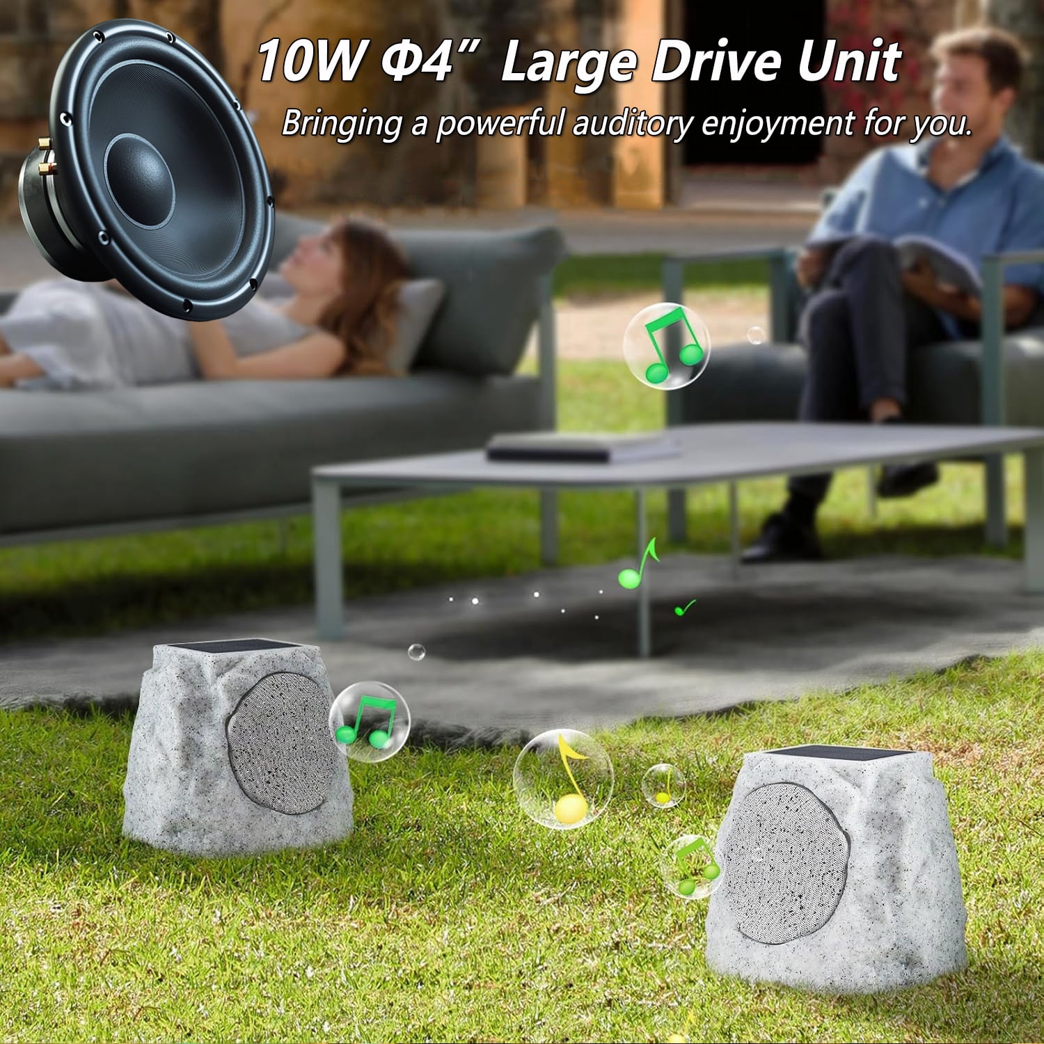 Postlucky 2 Pack Outdoor Solar Rock Speakers, Bluetooth, TWS Pairing, RGB LED Flashing, USB Charging, Waterproof, 7.3" Gray