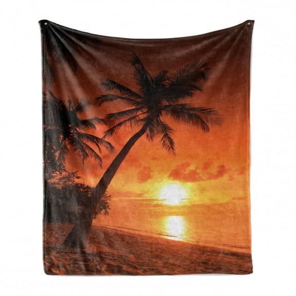 Tropical Soft Flannel Fleece Blanket, Twilight Dusk at Sandy Beach with Coconut Palms Maldives Summer Panorama, Cozy Plush for Indoor and Outdoor Use, 50" x 70", Coral Orange Brown, by Ambesonne