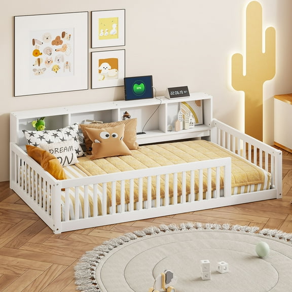 Harper & Bright Designs Wood Twin XL Size Floor Bed with Storage Cabinets and USB Ports, Kids Montessori Floor Bed with Fence, White