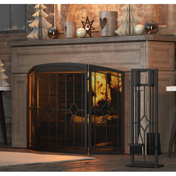 FireBeauty Fireplace Screen 3 Panel Wrought Iron Black Metal 48"(L) x30(H) Spark Guard Cover (Classic)