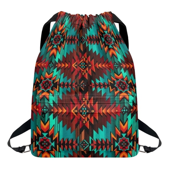 Xoenoiee Ethnic Tribe Drawstring Backpack with Zipper Pocket for Men Women, Geometric Pattern Lightweight Gym Pack Waterproof String Cinch Bag Sackpack for Shopping Travel Sport Yoga