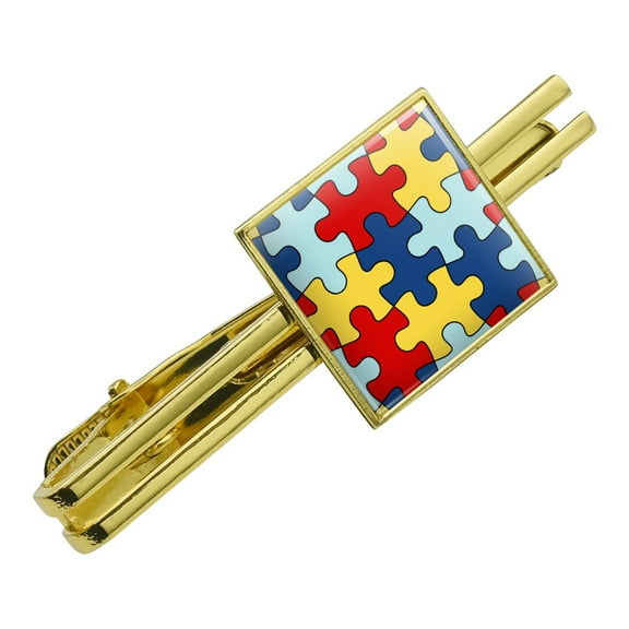 Autism Awareness Diversity Puzzle Pieces Square Tie Bar Clip Clasp Tack- Silver or Gold