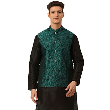 Maple Clothing Men's Jacquard Sleeveless Nehru Jacket India Waistcoat (Green, S)