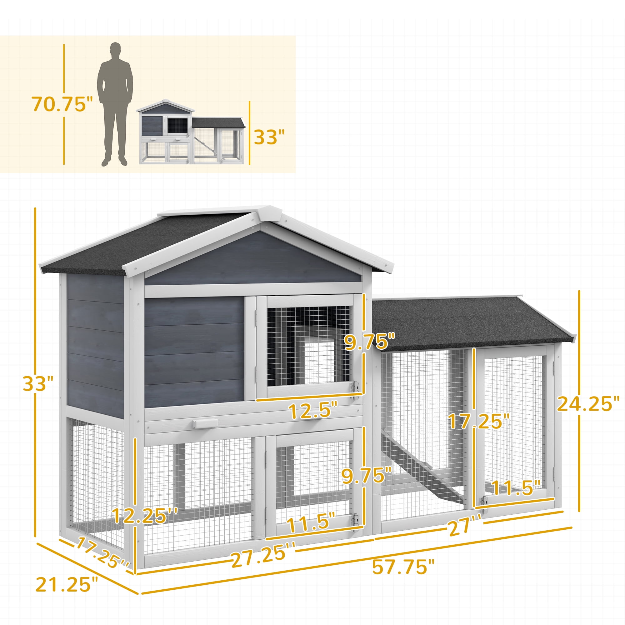 PawHut 58" Wooden Rabbit Hutch with Run, Removable Tray, Asphalt Roof, Gray
