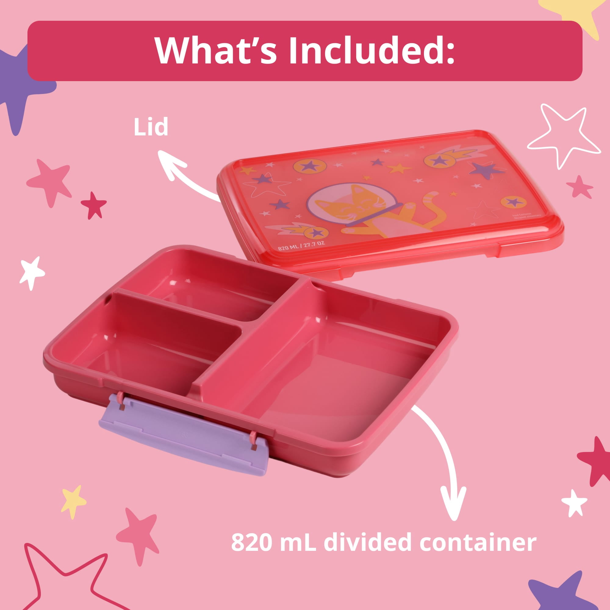 Rubbermaid Pack & Go Space Kitty Popsicle Pink 820 mL Large Divided Snack Container, Food Storage Containers, Plastic Containers for Food