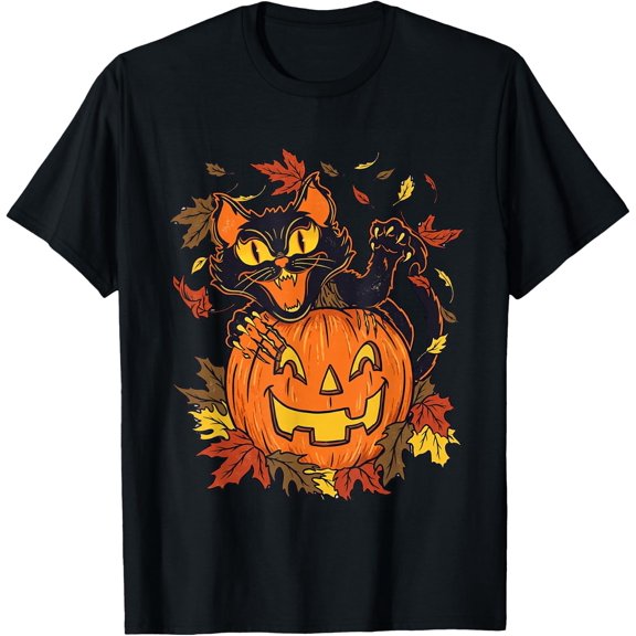Vintage Black Cat Pumpkin Halloween Spooky Autumn Artwork T-Shirt