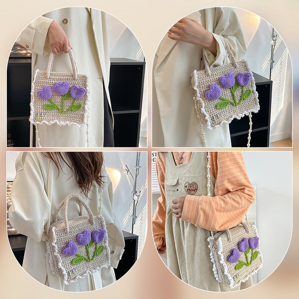 DIY Knitting Crochet Bag Kit Women Handmade Woven Tote Bag Set for DIY Handbag Hand-Knit Mesh Plastic Purse Handbag Crafting Material for DIY