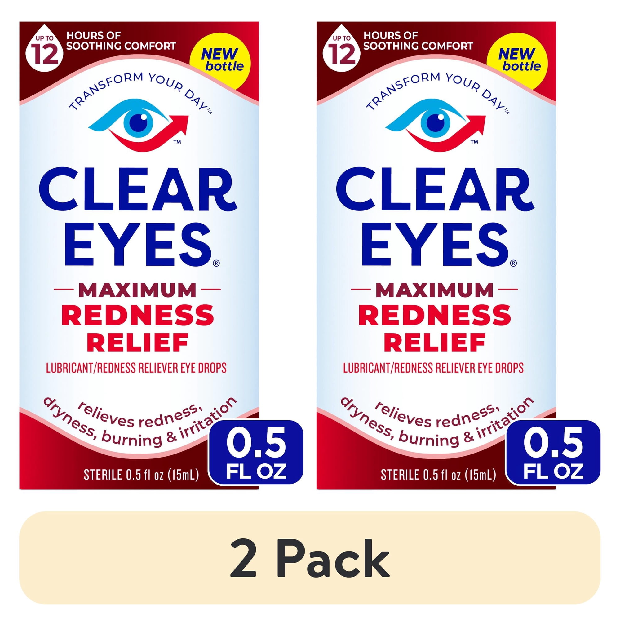(2 pack) Clear Eyes Maximum Red Eye Relief Lubricant Eye Drops, Daily Use, 0.5 fl oz