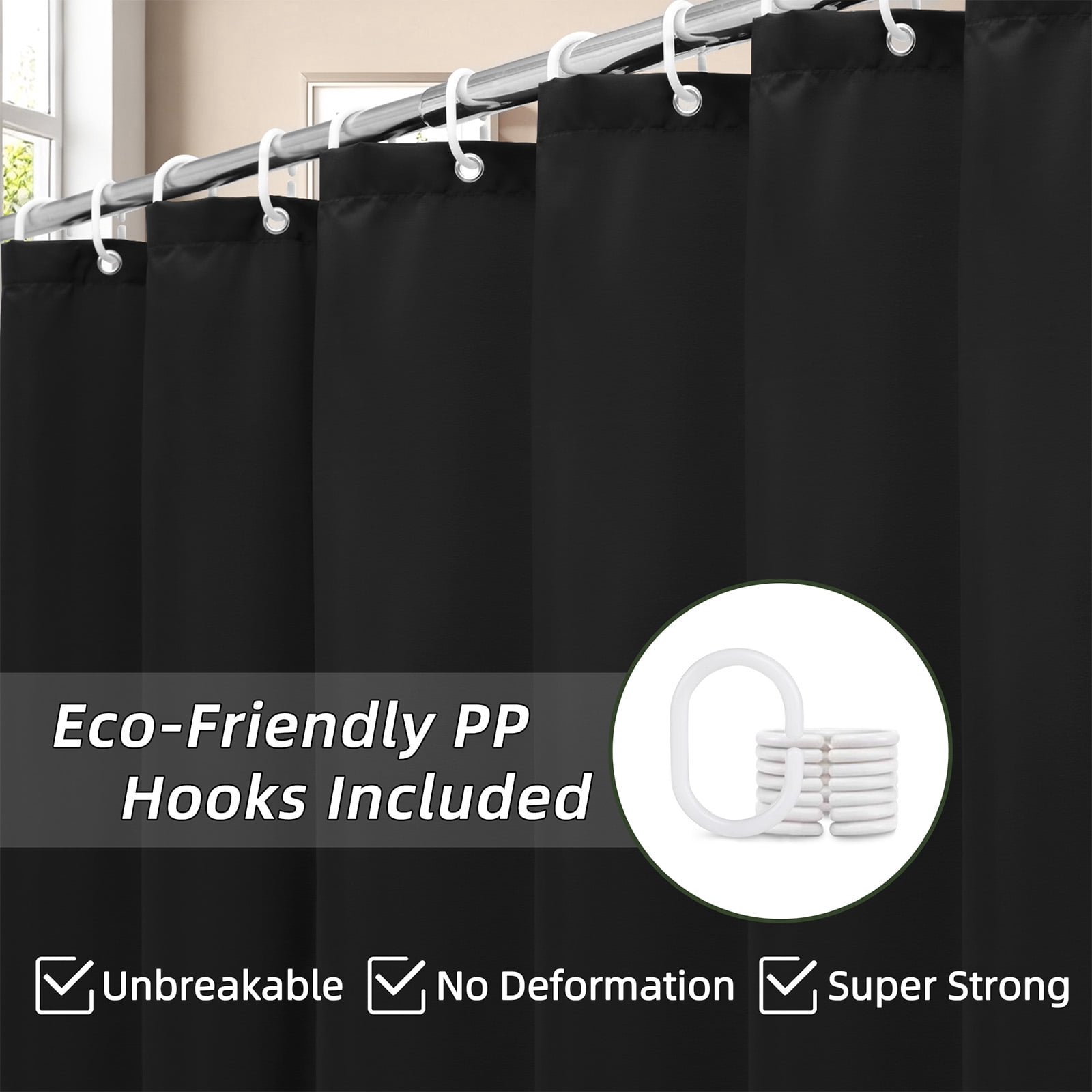 Inosoo Fabric Stall Shower Curtain, 48"Wx72"H Narrow Size Waterproof Polyester Cloth Shower Liner with Hooks, Black