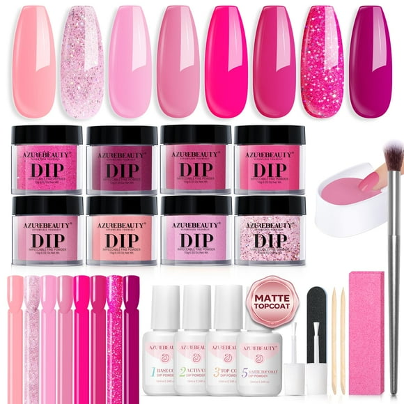 Kit de inicio en polvo para uñas AZUREBEAUTY con 8 purpurinas rosas