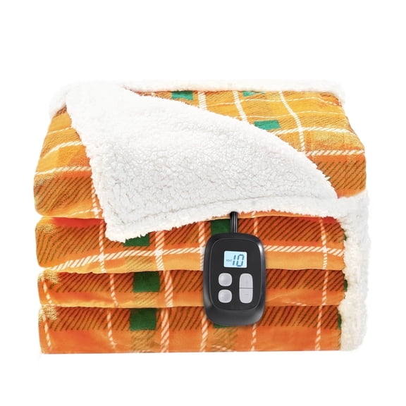 SUNNY HEAT Electric Heated Blanket 72"x84" Full Size, 10 Heating Levels & 12 H Auto Shut Off, Cotton & Microplush Plaid, Orange